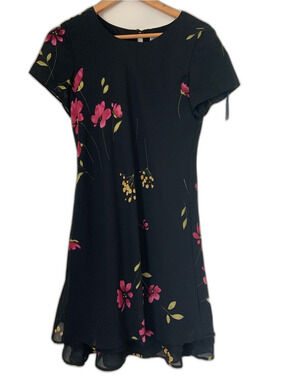 Jessica Howard Black Floral Short Sleeve Dress Pink Yellow Whimsigoth Grunge M